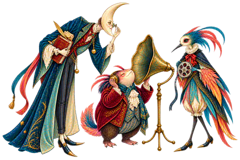 Three whimsical inhabitants of the Odd Bazaar cabinet gathered around an antique listening horn