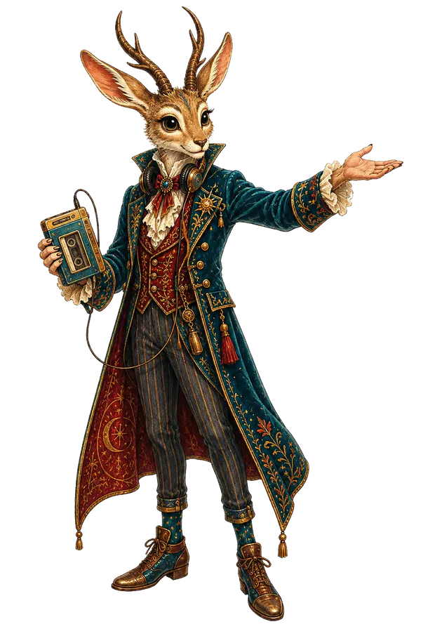 A whimsical jackalope guide presents the listening cabinet while holding a vintage cassette player