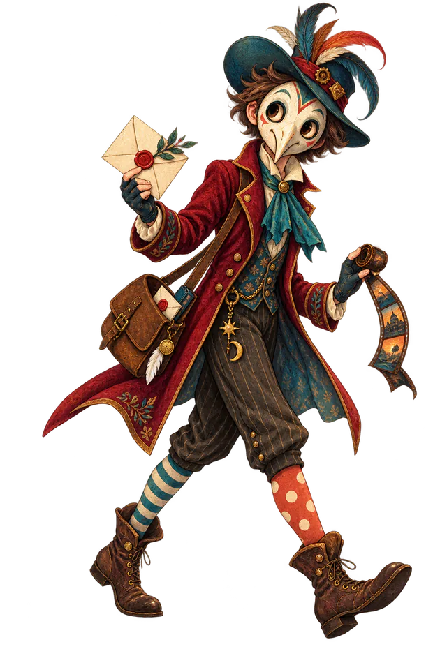 A colourful whimsical messenger carrying a letter for Odd Bazaar