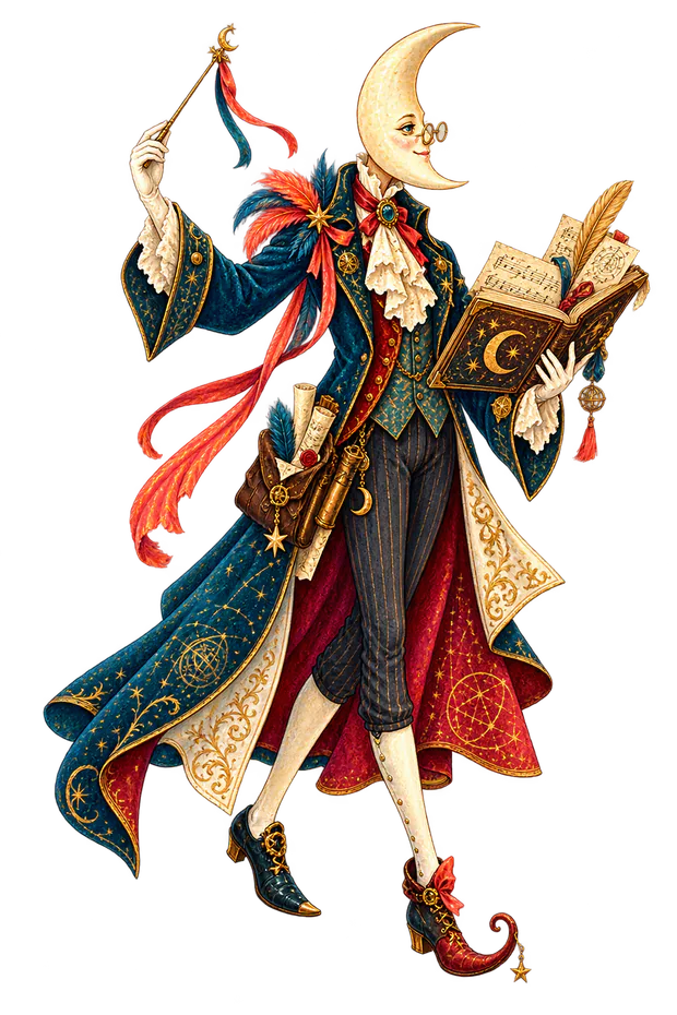The moon-faced composer archivist of Odd Bazaar holding a musical ledger